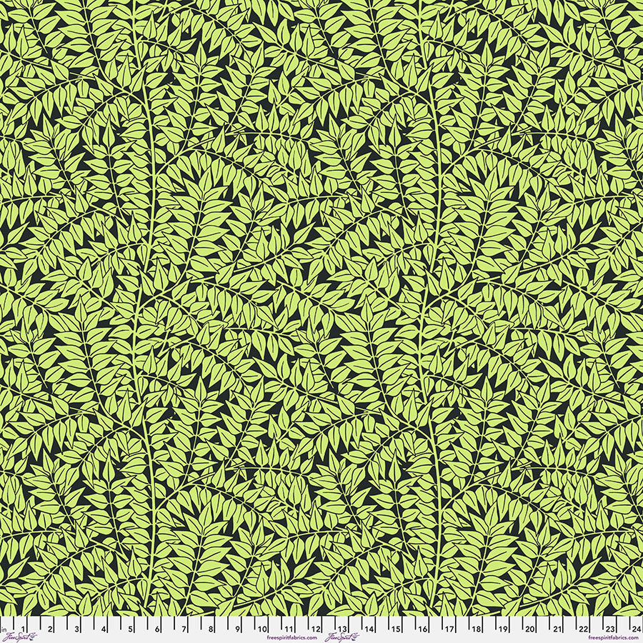 Cotton quilting fabric pattern called 'Branches in Black'. Part of the 'Kaffe x The Original Morris & Co.' fabric collection. Designed by Kaffe Fassett and William Morris for fabric company Free Spirit Fabrics. SKU: PWKW009.BLACK. 44-45 inch width.