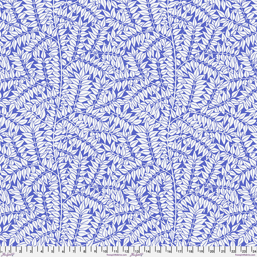 Cotton quilting fabric pattern called 'Branches in Blue'. Part of the 'Kaffe x The Original Morris & Co.' fabric collection. Designed by Kaffe Fassett and William Morris for fabric company Free Spirit Fabrics. SKU: PWKW009.BLUE. 44-45 inch width.