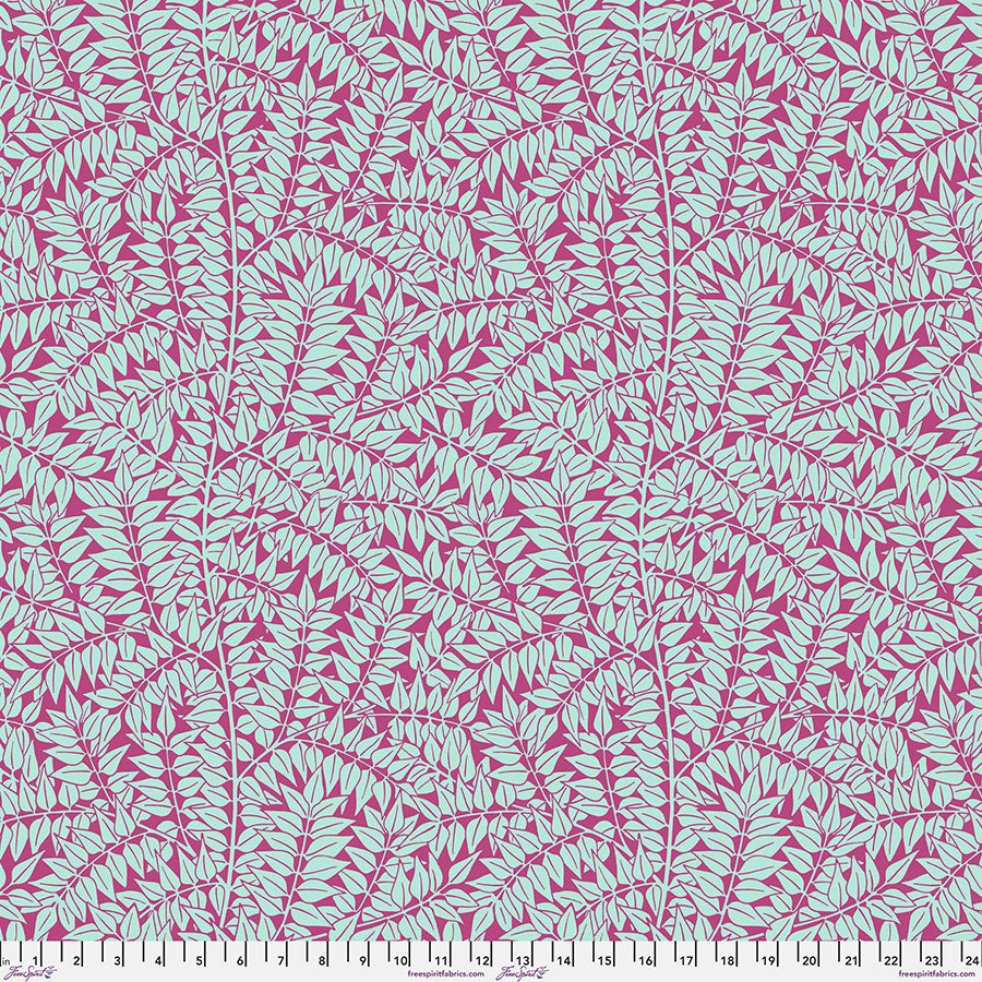 Cotton quilting fabric pattern called 'Branches in Magenta'. Part of the 'Kaffe x The Original Morris & Co.' fabric collection. Designed by Kaffe Fassett and William Morris for fabric company Free Spirit Fabrics. SKU: PWKW009.MAGENTA. 44-45 inch width.