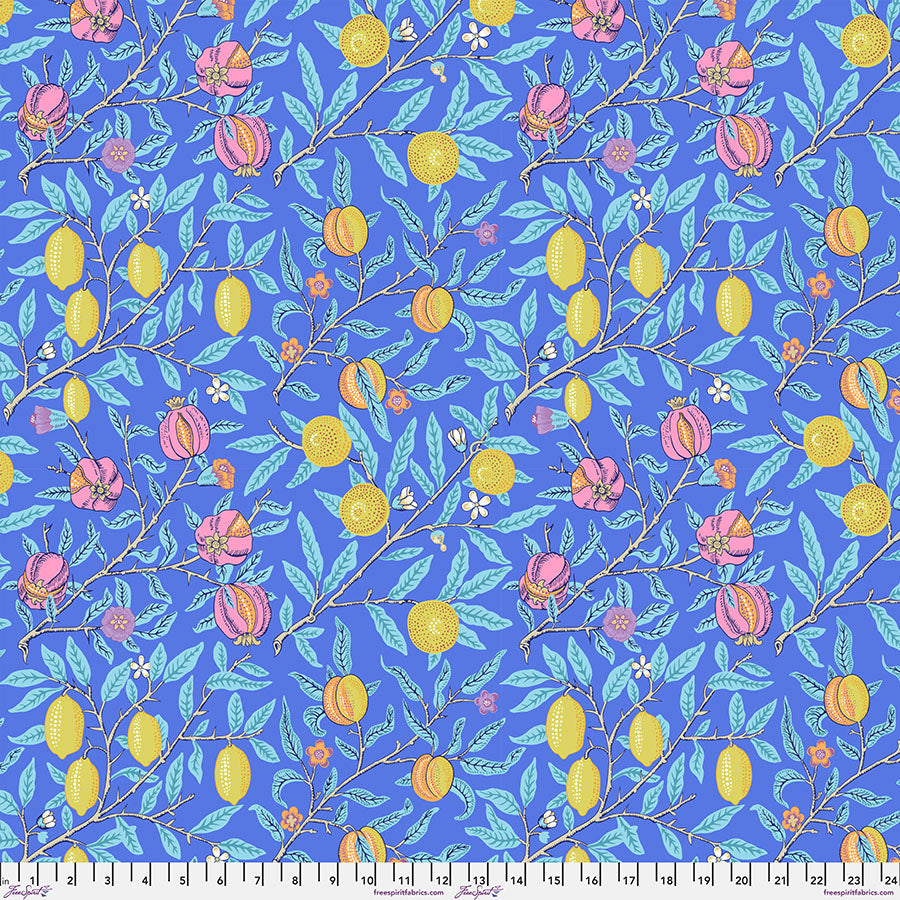 Cotton quilting fabric pattern called 'Fruit in Cobalt'. Part of the 'Kaffe x The Original Morris & Co.' fabric collection. Designed by Kaffe Fassett and William Morris for fabric company Free Spirit Fabrics. SKU: PWKW010.COBALT. 44-45 inch width.