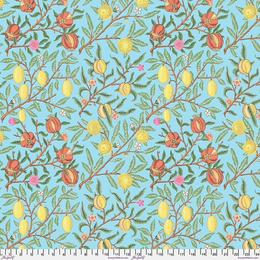 Cotton quilting fabric pattern called 'Fruit in Duck Egg'. Part of the 'Kaffe x The Original Morris & Co.' fabric collection. Designed by Kaffe Fassett and William Morris for fabric company Free Spirit Fabrics. SKU: PWKW010.DUCKEGG. 44-45 inch width.