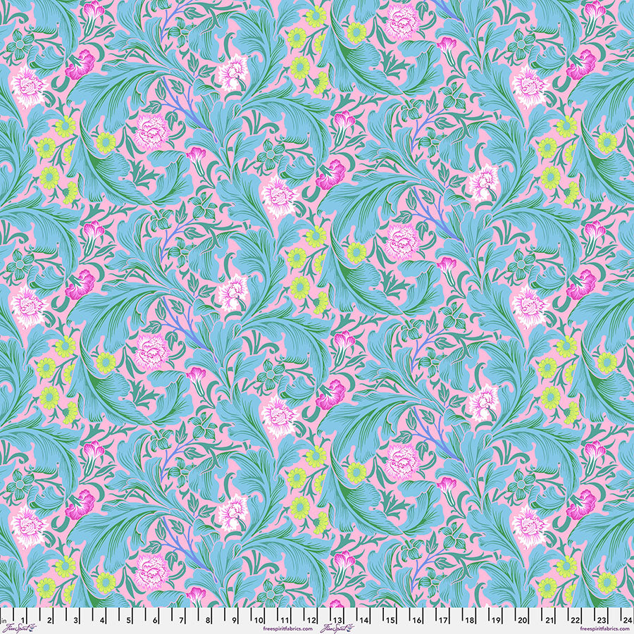 Cotton quilting fabric pattern called 'Leicester in Aqua'. Part of the 'Kaffe x The Original Morris & Co.' fabric collection. Designed by Kaffe Fassett and William Morris for fabric company Free Spirit Fabrics. SKU: PWKW011.AQUA. 44-45 inch width.