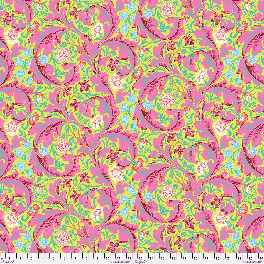 Cotton quilting fabric pattern called 'Leicester in Fuscia'. Part of the 'Kaffe x The Original Morris & Co.' fabric collection. Designed by Kaffe Fassett and William Morris for fabric company Free Spirit Fabrics. SKU: PWKW011.FUSCIA. 44-45 inch width.