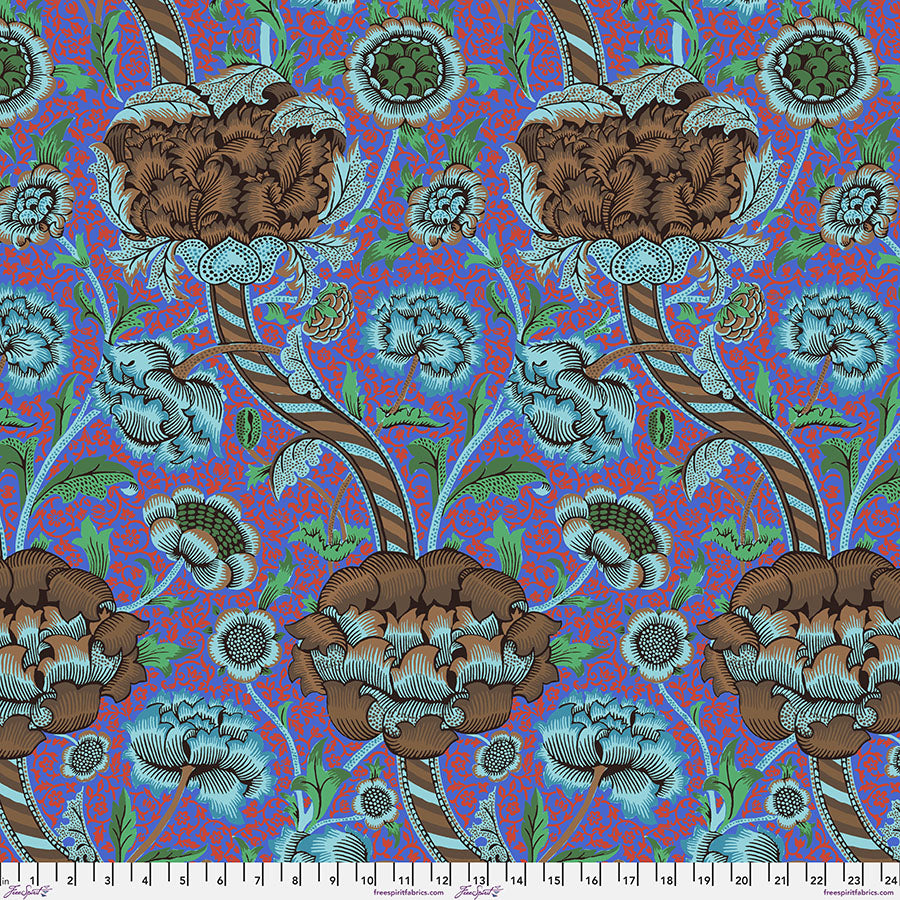 Cotton quilting fabric pattern called 'Wandle in Cobalt'. Part of the 'Kaffe x The Original Morris & Co.' fabric collection. Designed by Kaffe Fassett and William Morris for fabric company Free Spirit Fabrics. SKU: PWKW012.COBALT. 44-45 inch width.