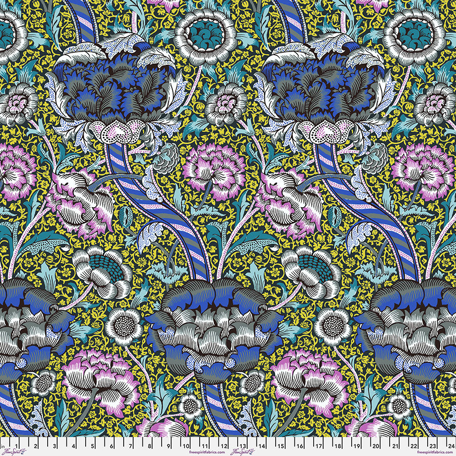 Cotton quilting fabric pattern called 'Wandle in Contrast'. Part of the 'Kaffe x The Original Morris & Co.' fabric collection. Designed by Kaffe Fassett and William Morris for fabric company Free Spirit Fabrics. SKU: PWKW012.CONTRAST. 44-45 inch width.