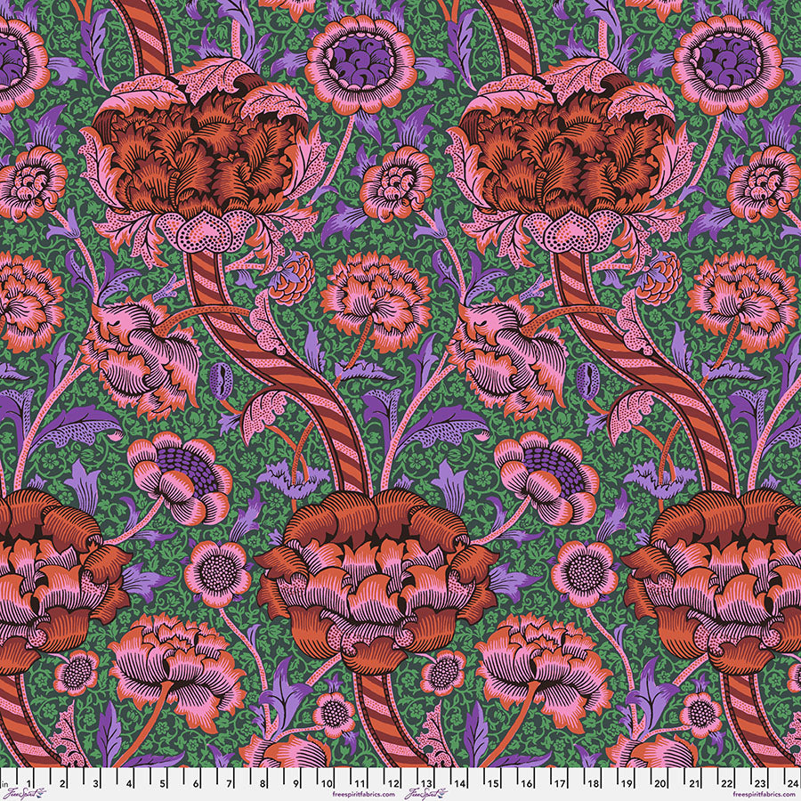 Cotton quilting fabric pattern called 'Wandle in Red'. Part of the 'Kaffe x The Original Morris & Co.' fabric collection. Designed by Kaffe Fassett and William Morris for fabric company Free Spirit Fabrics. SKU: PWKW012.RED. 44-45 inch width.