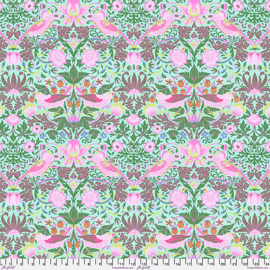 Cotton quilting fabric pattern called 'Strawberry Thief in Aqua'. Part of the 'Kaffe x The Original Morris & Co.' fabric collection. Designed by Kaffe Fassett and William Morris for fabric company Free Spirit Fabrics. SKU: PWKW013.AQUA. 44-45 inch width.