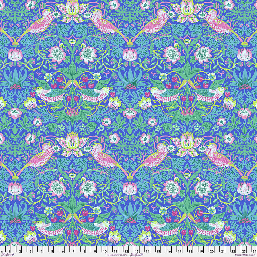 Cotton quilting fabric pattern called 'Strawberry Thief in Blue'. Part of the 'Kaffe x The Original Morris & Co.' fabric collection. Designed by Kaffe Fassett and William Morris for fabric company Free Spirit Fabrics. SKU: PWKW013.BLUE. 44-45 inch width.