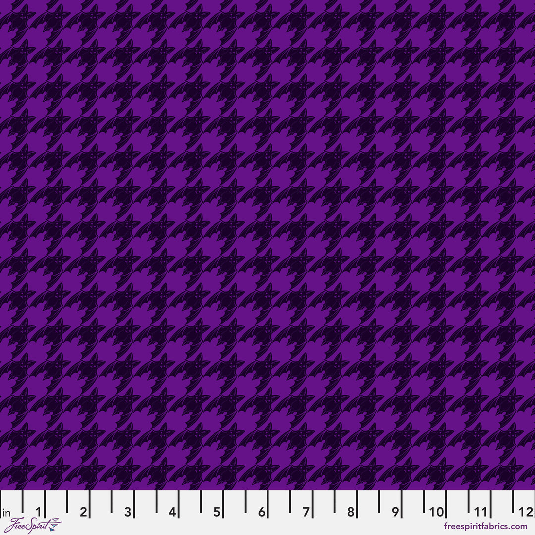 Cotton quilting fabric pattern called 'Batstooth in Purple'. Part of the 'Mystic Moonlight' fabric collection. Designed by Rachel Hauer for fabric company Free Spirit. SKU: PWRH037.PURPLE. 44-45 inch width.