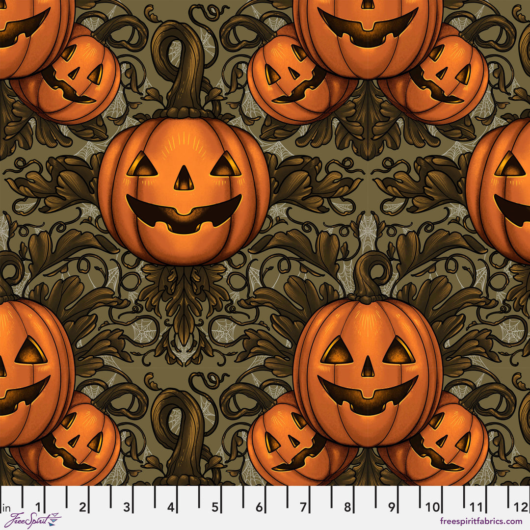 Cotton quilting fabric pattern called 'Pumpkin Damask in Olive'. Part of the 'Mystic Moonlight' fabric collection. Designed by Rachel Hauer for fabric company Free Spirit. SKU: PWRH088.OLIVE. 44-45 inch width.