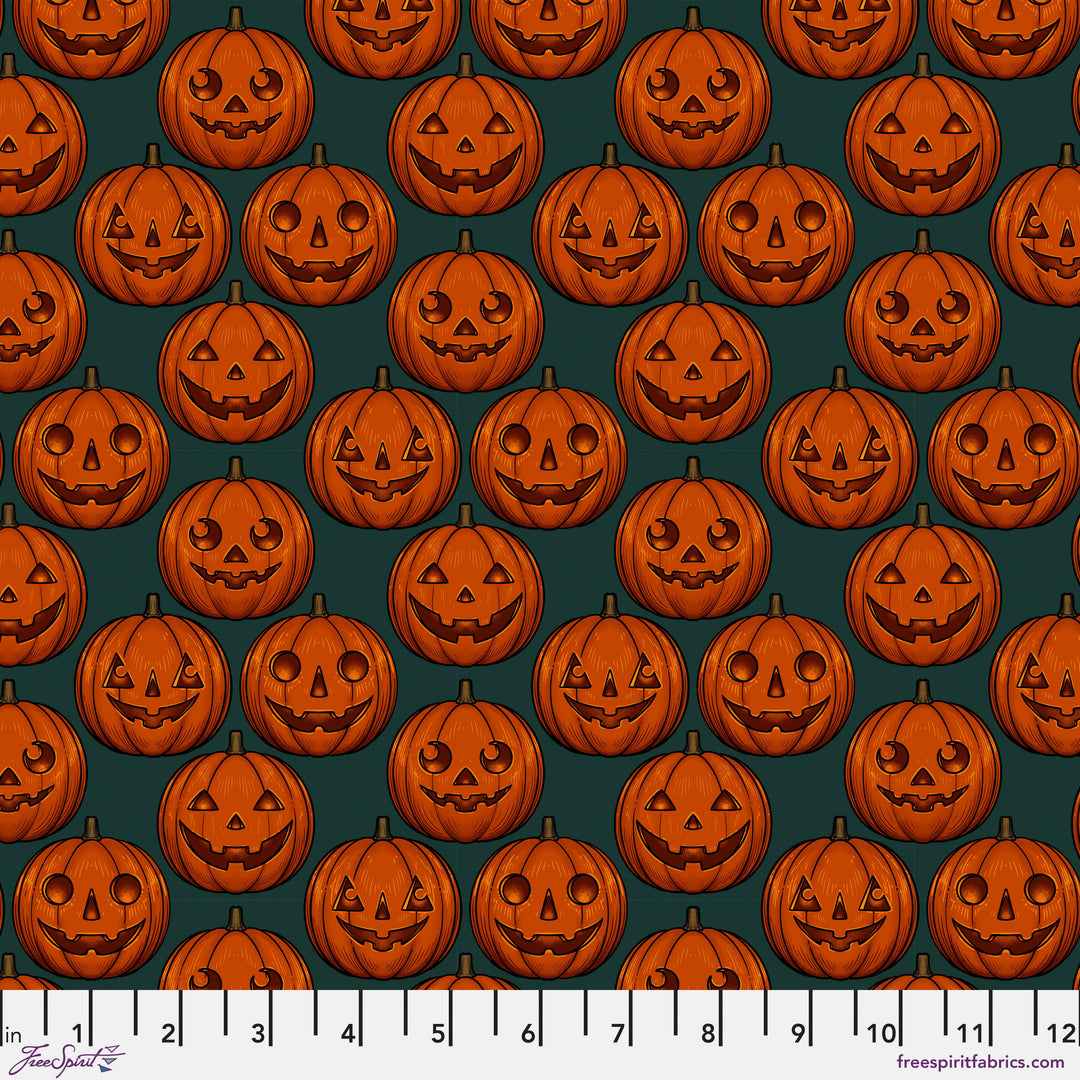 Cotton quilting fabric pattern called 'Pumpkin Grid in Green'. Part of the 'Mystic Moonlight' fabric collection. Designed by Rachel Hauer for fabric company Free Spirit. SKU: PWRH093.GREEN. 44-45 inch width.