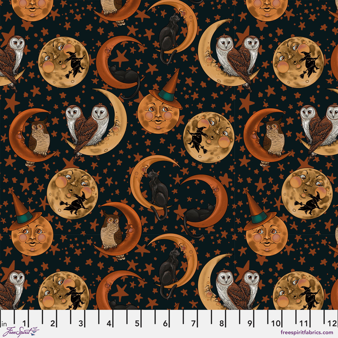 Cotton quilting fabric pattern called 'Moons in Black'. Part of the 'Mystic Moonlight' fabric collection. Designed by Rachel Hauer for fabric company Free Spirit. SKU: PWRH094.BLACK . 44-45 inch width.