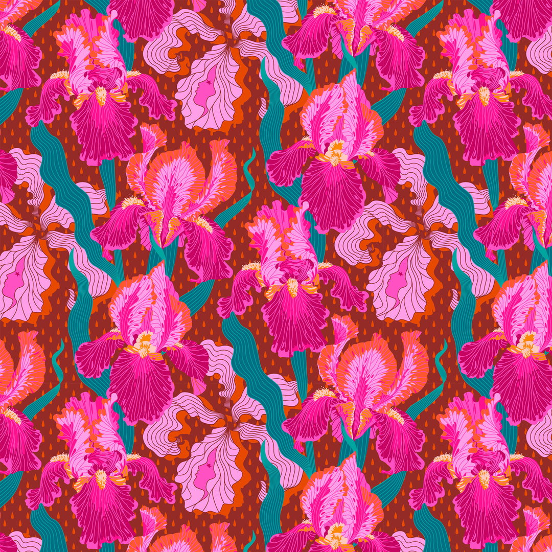 Cotton quilting fabric pattern called 'Mythical Iris in Magenta'. Part of the 'Mythical' fabric collection. Designed by Stacy Peterson for fabric company FreeSpirit Fabrics. SKU: PWST017.XMAGENTA. 44-45 inch width.