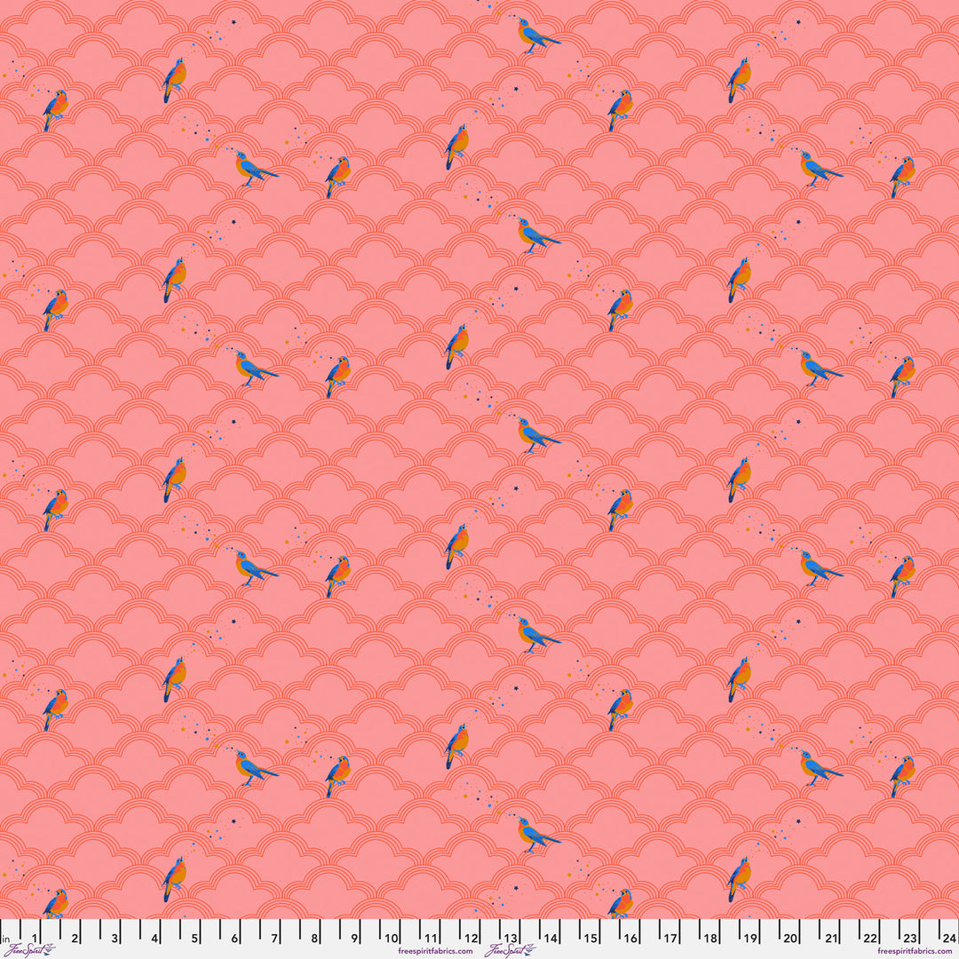 Cotton quilting fabric pattern called 'Nightingale in Peach'. Part of the 'Mythical' fabric collection. Designed by Stacy Peterson for fabric company FreeSpirit Fabrics. SKU: PWST019.XPEACH. 44-45 inch width.