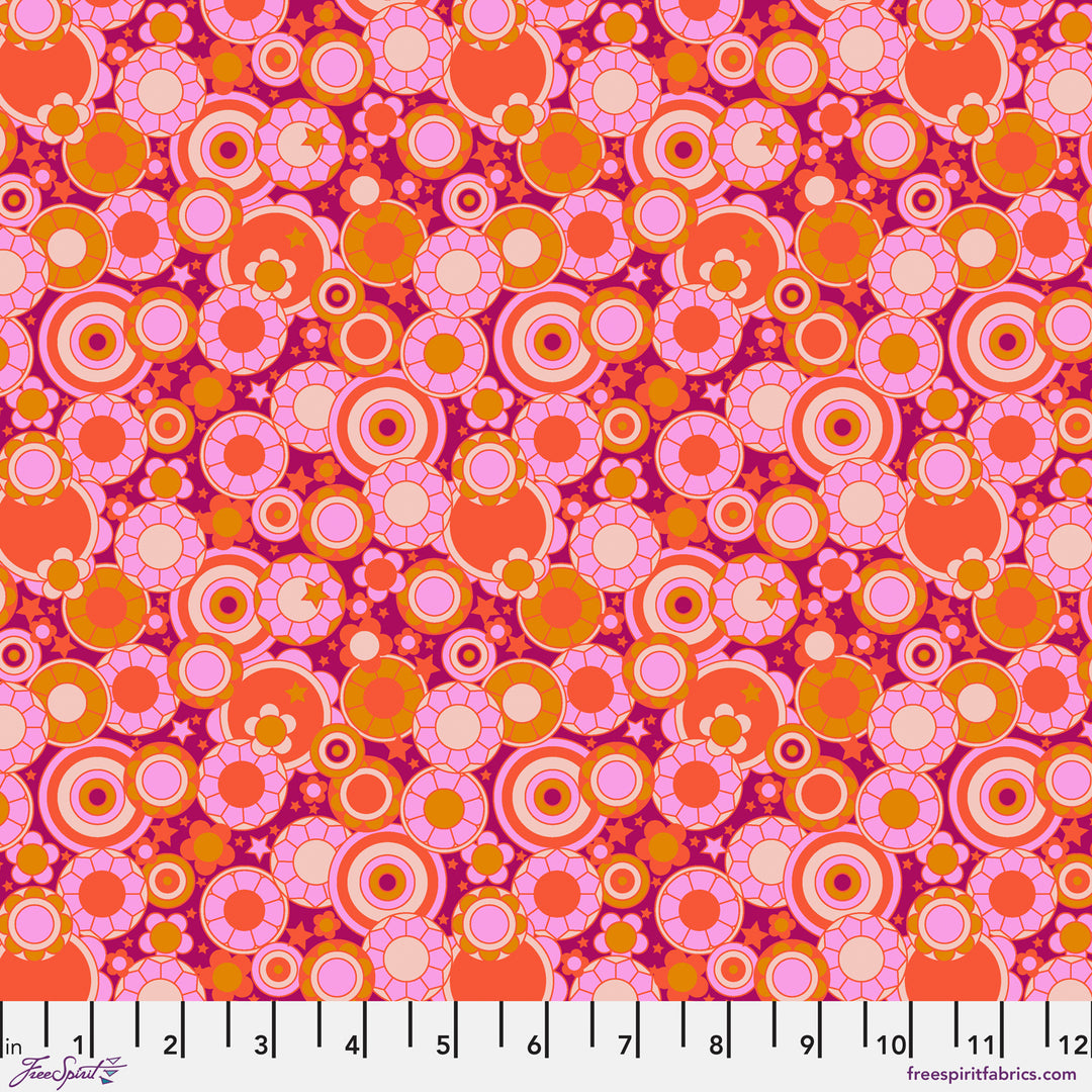 Cotton quilting fabric pattern called 'Mythical Bloom in Orange'. Part of the 'Mythical' fabric collection. Designed by Stacy Peterson for fabric company FreeSpirit Fabrics. SKU: PWST020.XORANGE. 44-45 inch width.