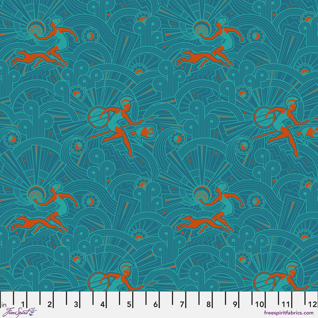 Cotton quilting fabric pattern called 'Powerhouse in Dark Teal'. Part of the 'Mythical' fabric collection. Designed by Stacy Peterson for fabric company FreeSpirit Fabrics. SKU: PWST021.XDARKTEAL. 44-45 inch width.