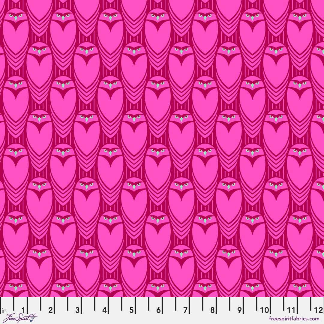 Cotton quilting fabric pattern called 'Owl See You in Magenta'. Part of the 'Mythical' fabric collection. Designed by Stacy Peterson for fabric company FreeSpirit Fabrics. SKU: PWST023.XMAGENTA. 44-45 inch width.