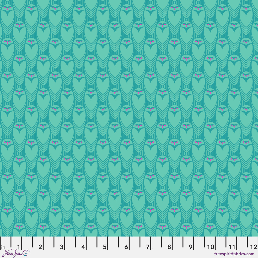 Cotton quilting fabric pattern called 'Small Owl See You in Aqua'. Part of the 'Mythical' fabric collection. Designed by Stacy Peterson for fabric company FreeSpirit Fabrics. SKU: PWST024.XAQUA. 44-45 inch width.