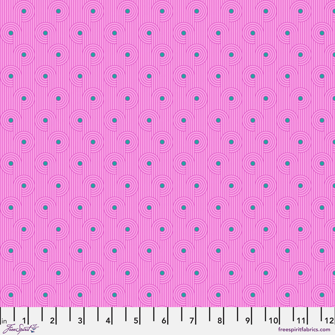 Cotton quilting fabric pattern called 'Fiddlehead in Carnation'. Part of the 'Mythical' fabric collection. Designed by Stacy Peterson for fabric company FreeSpirit Fabrics. SKU: PWST025.XCARNA. 44-45 inch width.