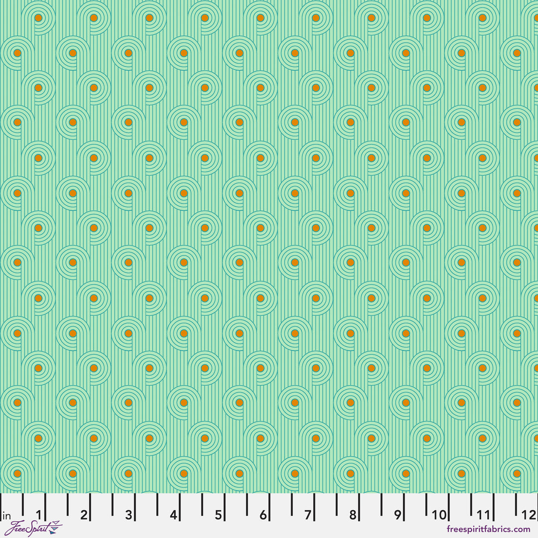 Cotton quilting fabric pattern called 'Fiddlehead in Mint'. Part of the 'Mythical' fabric collection. Designed by Stacy Peterson for fabric company FreeSpirit Fabrics. SKU: PWST025.XMINT. 44-45 inch width.