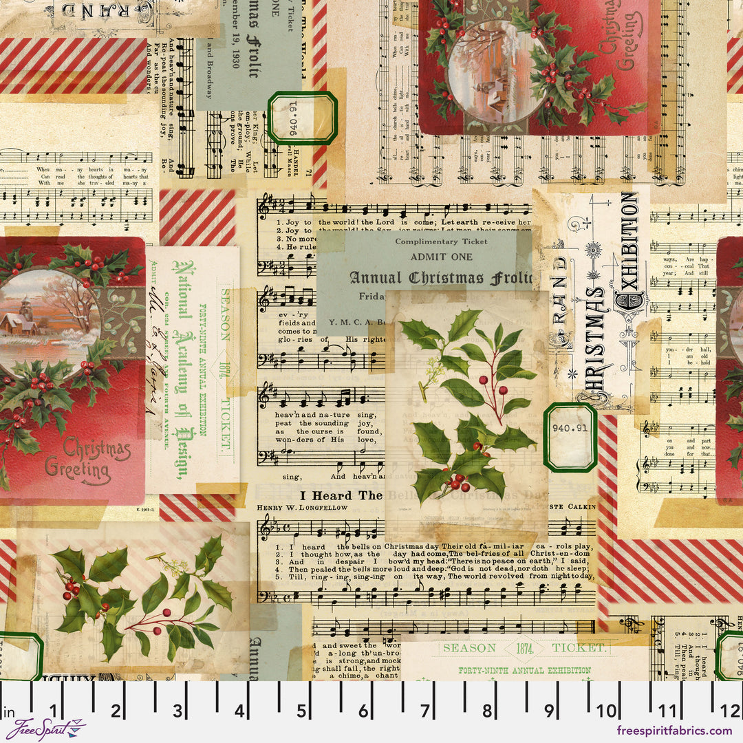 Cotton quilting fabric pattern called 'Holiday Collage in Multi'. Part of the 'Holidays Past' fabric collection. Designed by Tim Holtz for fabric company Free Spirit. SKU: PWTH195.MULTI . 44-45 inch width.