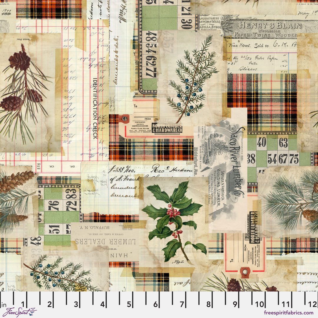 Cotton quilting fabric pattern called 'Woodland Collage in Multi'. Part of the 'Holidays Past' fabric collection. Designed by Tim Holtz for fabric company Free Spirit. SKU: PWTH197.MULTI. 44-45 inch width.