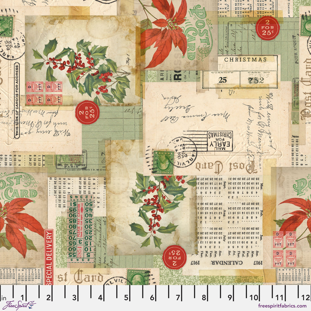 Cotton quilting fabric pattern called 'Postcard Collage in Multi'. Part of the 'Holidays Past' fabric collection. Designed by Tim Holtz for fabric company Free Spirit. SKU: PWTH199.MULTI . 44-45 inch width.