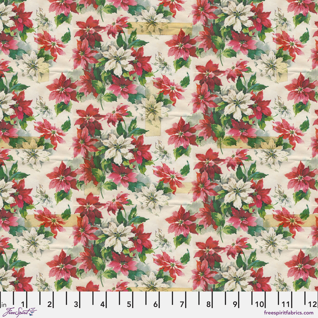 Cotton quilting fabric pattern called 'Poinsettia Print in Multi'. Part of the 'Holidays Past' fabric collection. Designed by Tim Holtz for fabric company Free Spirit. SKU: PWTH201.MULTI. 44-45 inch width.