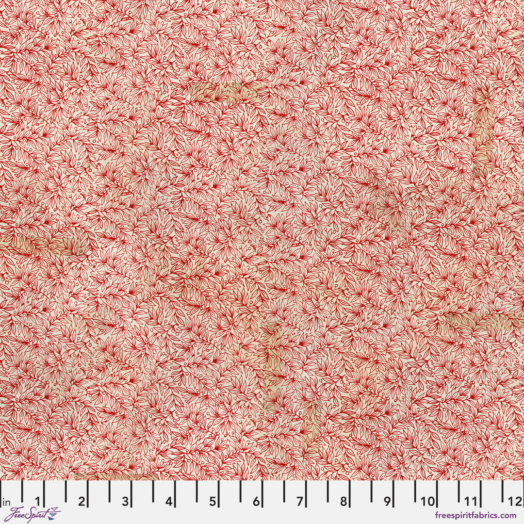 Cotton quilting fabric pattern called 'Berry Branch in Red'. Part of the 'Holidays Past' fabric collection. Designed by Tim Holtz for fabric company Free Spirit. SKU: PWTH202.RED. 44-45 inch width.