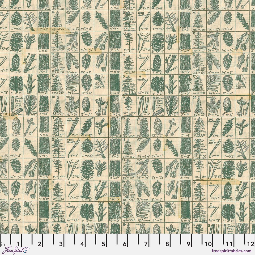 Cotton quilting fabric pattern called 'Pine Chart in Green'. Part of the 'Holidays Past' fabric collection. Designed by Tim Holtz for fabric company Free Spirit. SKU: PWTH204.GREEN. 44-45 inch width.