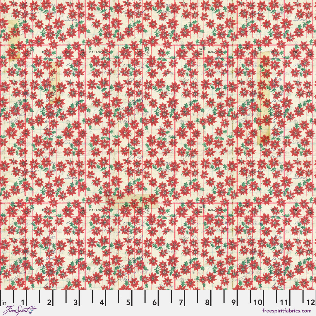 Cotton quilting fabric pattern called 'Festive Ledger in Red'. Part of the 'Holidays Past' fabric collection. Designed by Tim Holtz for fabric company Free Spirit. SKU: PWTH205.RED. 44-45 inch width.