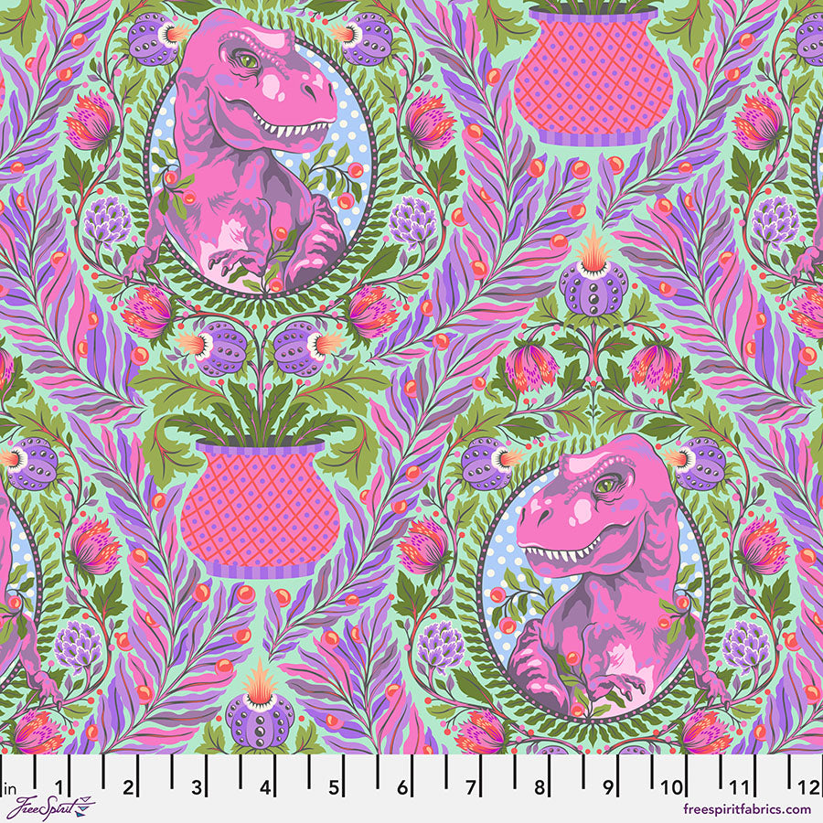 Cotton quilting fabric pattern called 'Tree Rex in Mist'. Part of the 'Roar!' fabric collection. Designed by Tula Pink for fabric company Free Spirit Fabrics. SKU: PWTP222.MIST. 44-45 inch width.