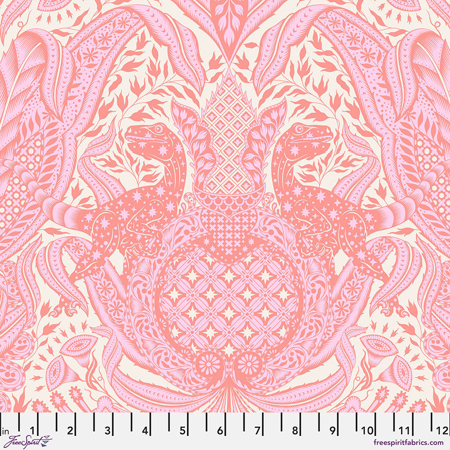 Cotton quilting fabric pattern called 'Gift Rapt in Blush'. Part of the 'Roar!' fabric collection. Designed by Tula Pink for fabric company Free Spirit Fabrics. SKU: PWTP224.BLUSH. 44-45 inch width.