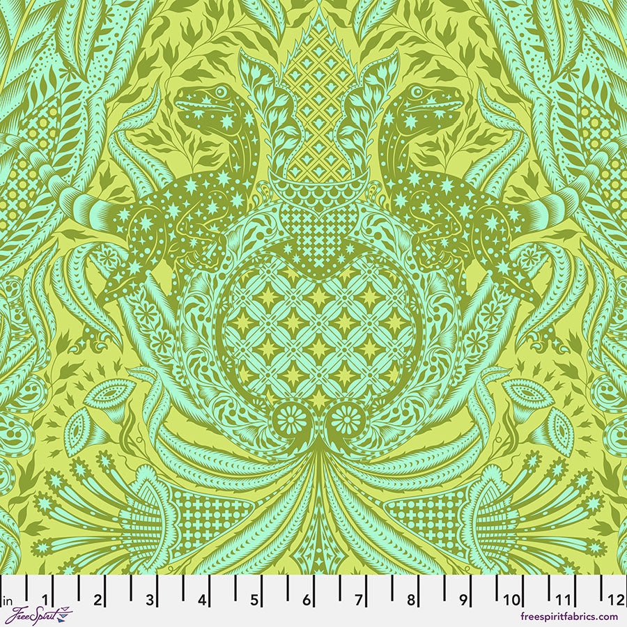 Cotton quilting fabric pattern called 'Gift Rapt in Lime'. Part of the 'Roar!' fabric collection. Designed by Tula Pink for fabric company Free Spirit Fabrics. SKU: PWTP224.LIME. 44-45 inch width.