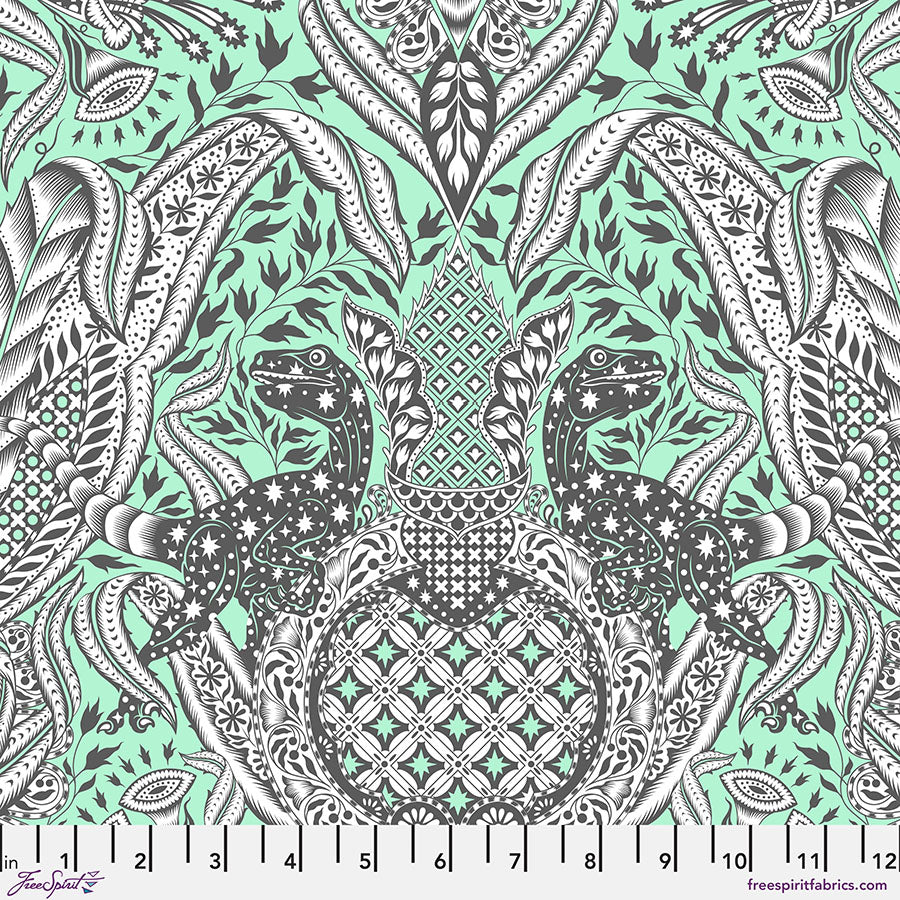 Cotton quilting fabric pattern called 'Gift Rapt in Mint'. Part of the 'Roar!' fabric collection. Designed by Tula Pink for fabric company Free Spirit Fabrics. SKU: PWTP224.MINT. 44-45 inch width.