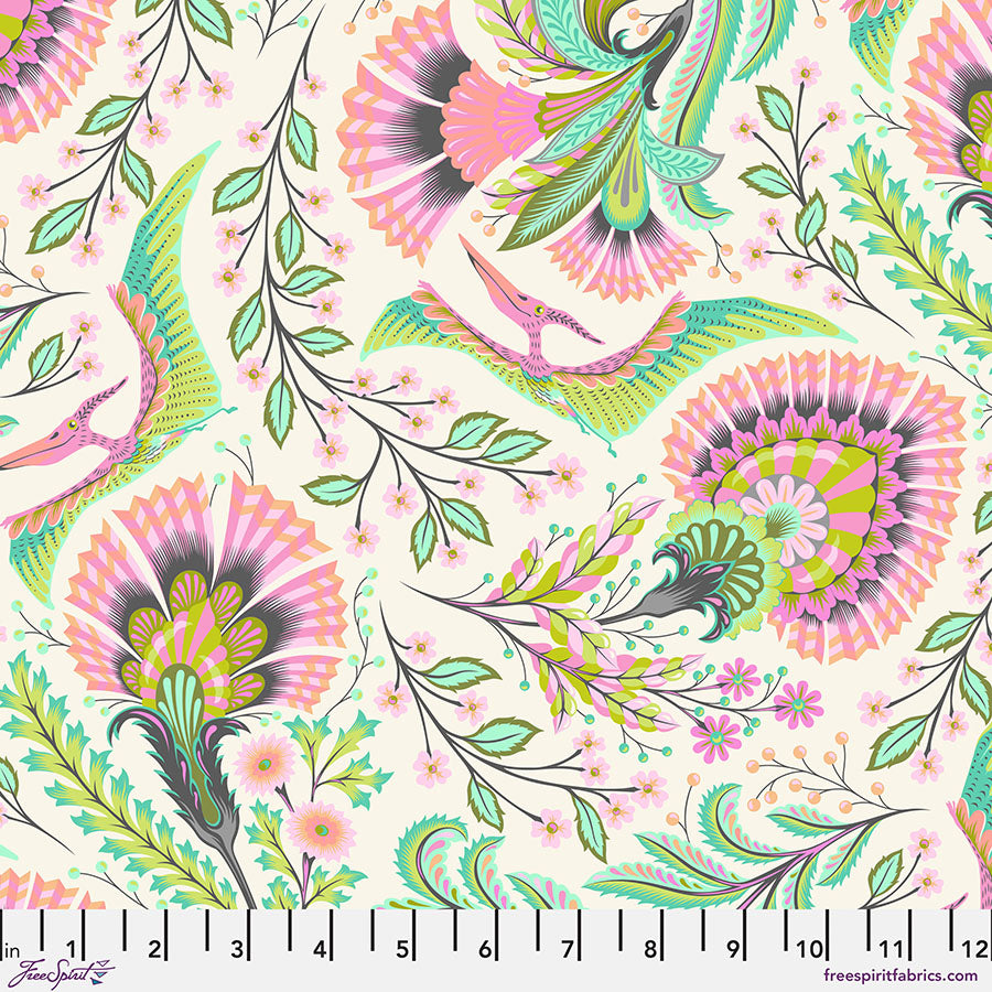 Cotton quilting fabric pattern called 'Wing It in Blush'. Part of the 'Roar!' fabric collection. Designed by Tula Pink for fabric company Free Spirit Fabrics. SKU: PWTP225.BLUSH. 44-45 inch width.