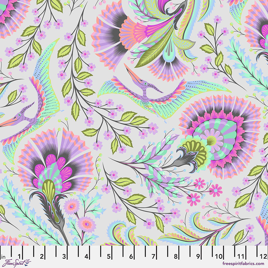 Cotton quilting fabric pattern called 'Wing It in Mist'. Part of the 'Roar!' fabric collection. Designed by Tula Pink for fabric company Free Spirit Fabrics. SKU: PWTP225.MIST. 44-45 inch width.