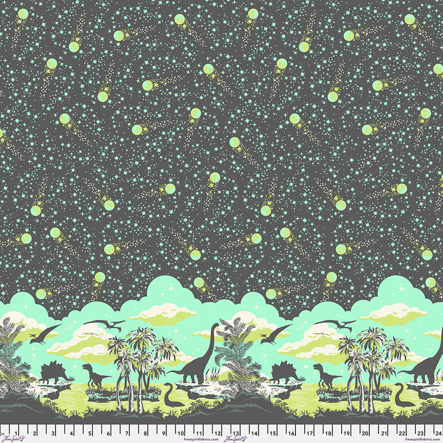 Cotton quilting fabric pattern called 'Meteor Shower in Storm'. Part of the 'Roar!' fabric collection. Designed by Tula Pink for fabric company Free Spirit Fabrics. SKU: PWTP226.STORM. 44-45 inch width.