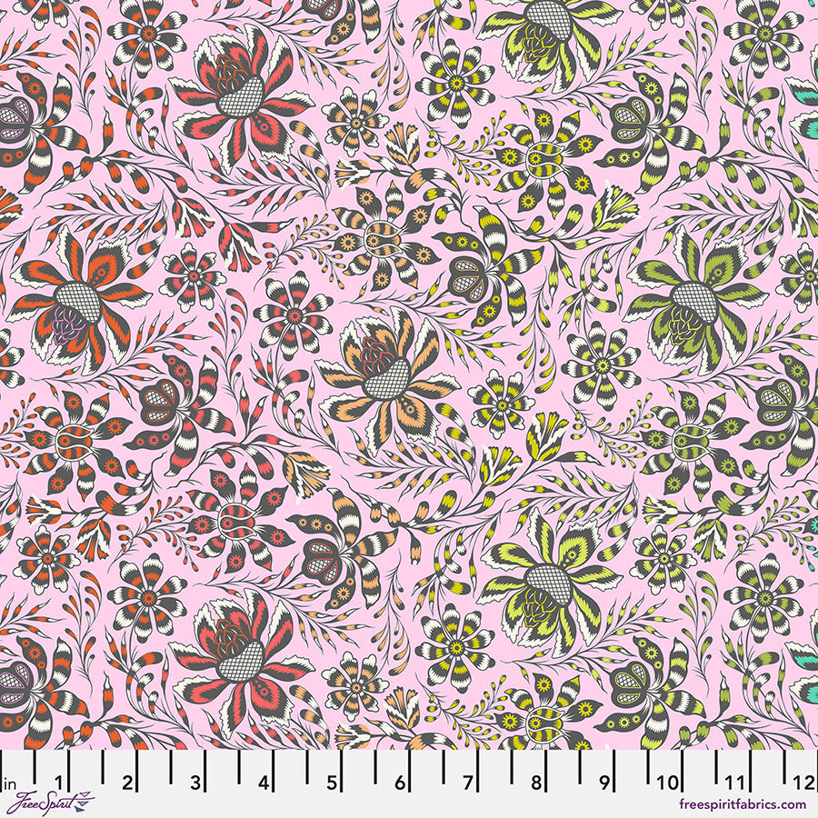 Cotton quilting fabric pattern called 'Wild Vine in Blush'. Part of the 'Roar!' fabric collection. Designed by Tula Pink for fabric company Free Spirit Fabrics. SKU: PWTP227.BLUSH. 44-45 inch width.