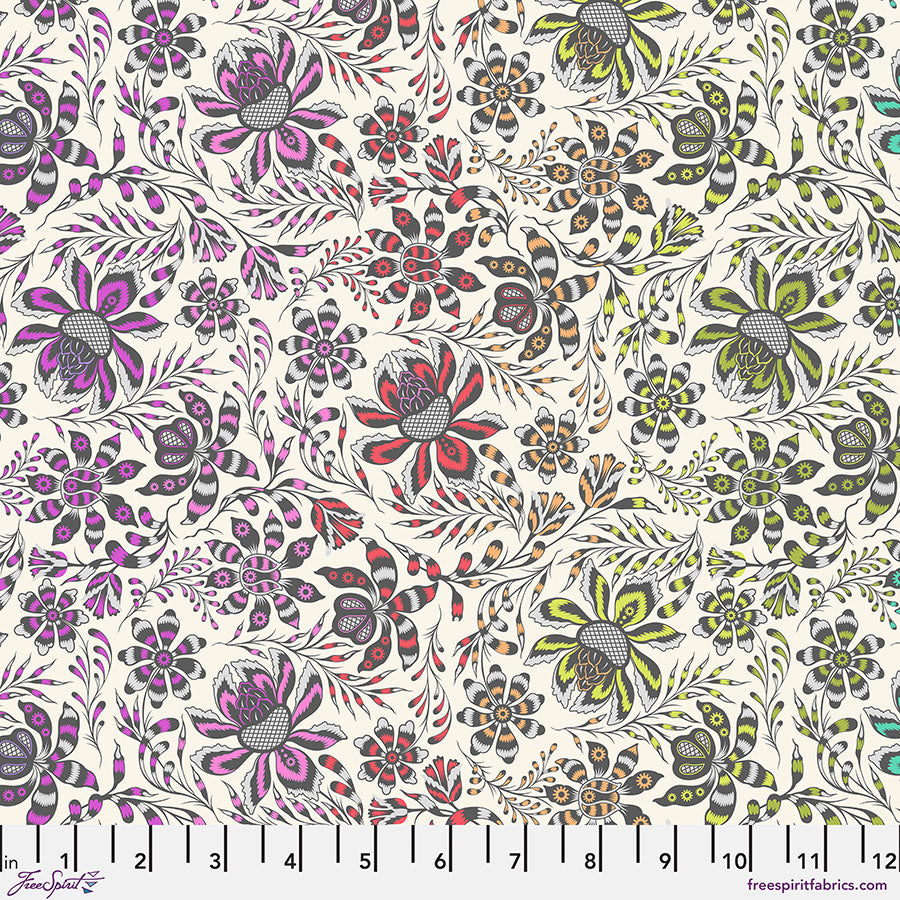 Cotton quilting fabric pattern called 'Wild Vine in Mist'. Part of the 'Roar!' fabric collection. Designed by Tula Pink for fabric company Free Spirit Fabrics. SKU: PWTP227.MIST. 44-45 inch width.