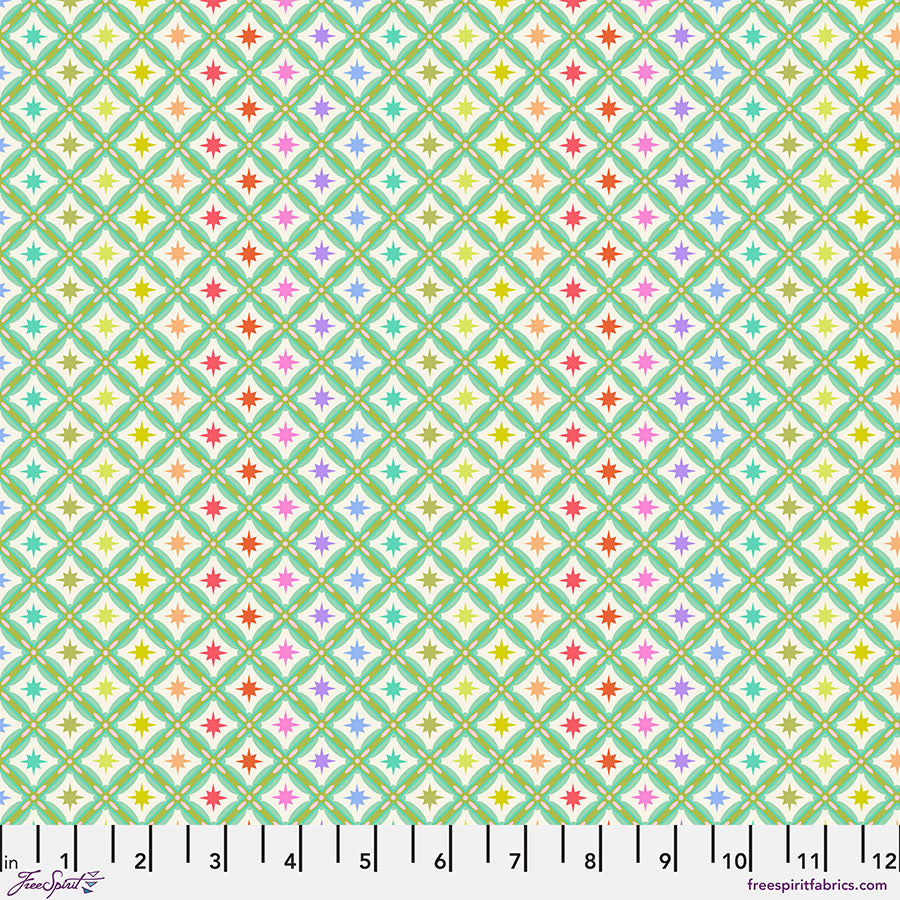 Cotton quilting fabric pattern called 'Stargazer in Mint'. Part of the 'Roar!' fabric collection. Designed by Tula Pink for fabric company Free Spirit Fabrics. SKU: PWTP228.MINT. 44-45 inch width.