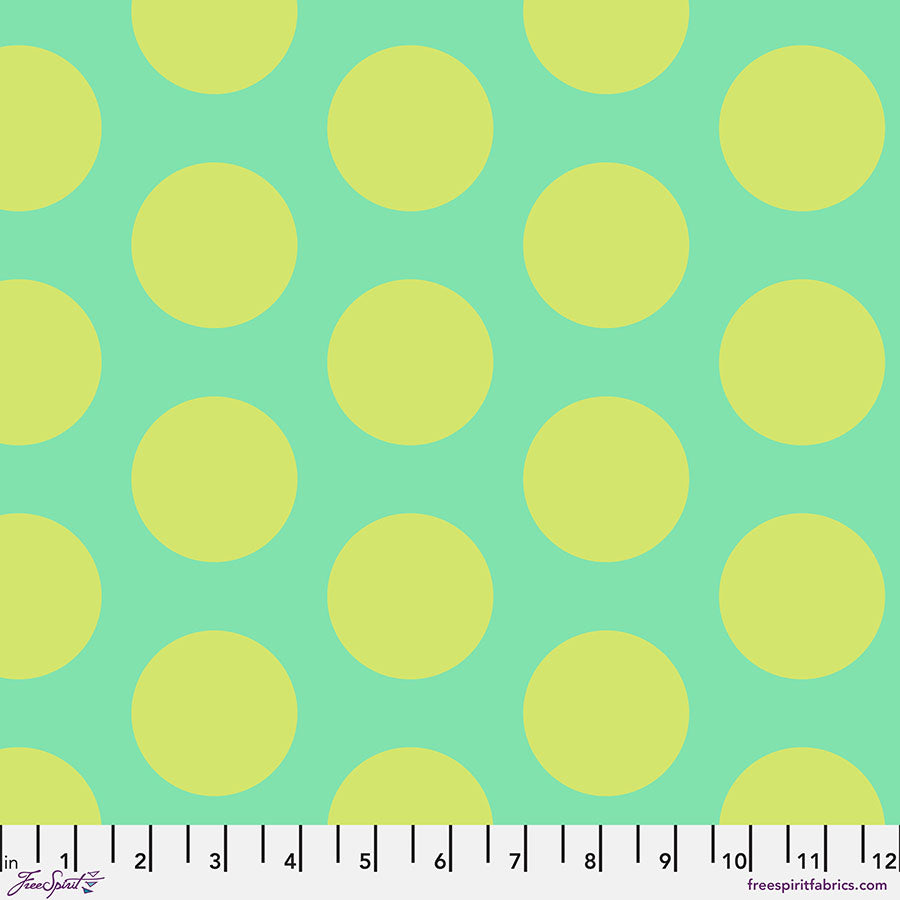 Cotton quilting fabric pattern called 'Dino Eggs in Mint'. Part of the 'Roar!' fabric collection. Designed by Tula Pink for fabric company Free Spirit Fabrics. SKU: PWTP230.MINT. 44-45 inch width.