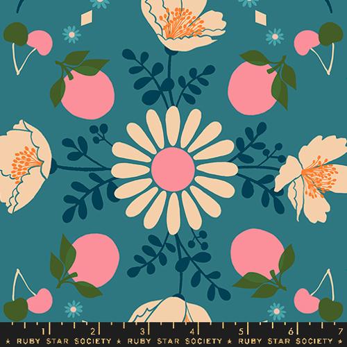 Cotton quilting fabric pattern called 'Poppy Garden in Storytime'. Part of the 'Juicy' fabric collection. Designed by Melody Miller for fabric company Ruby Star Society. SKU: RS0085 13. 44-45 inch width.