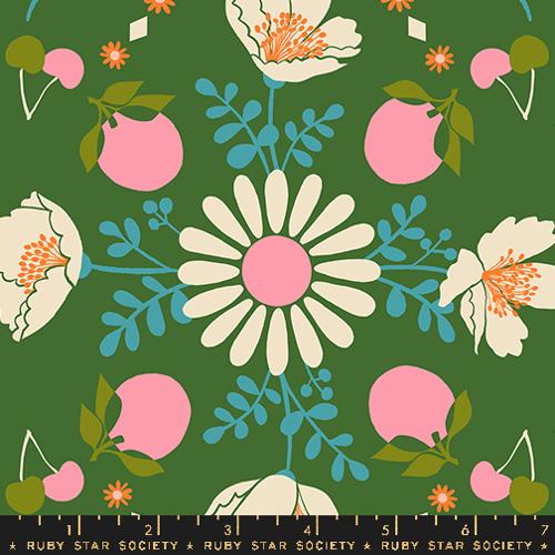 Cotton quilting fabric pattern called 'Poppy Garden in Sarah Green'. Part of the 'Juicy' fabric collection. Designed by Melody Miller for fabric company Ruby Star Society. SKU: RS0085 14. 44-45 inch width.