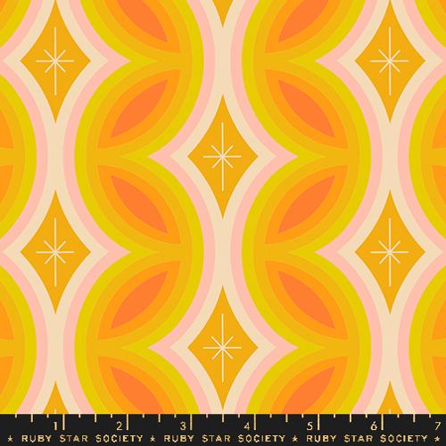 Cotton quilting fabric pattern called 'Rattan in Buttercup'. Part of the 'Juicy' fabric collection. Designed by Melody Miller for fabric company Ruby Star Society. SKU: RS0087 12. 44-45 inch width.