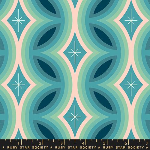 Cotton quilting fabric pattern called 'Rattan in Dark Turquoise'. Part of the 'Juicy' fabric collection. Designed by Melody Miller for fabric company Ruby Star Society. SKU: RS0087 13. 44-45 inch width.