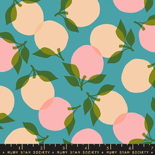 Cotton quilting fabric pattern called 'Tumbling in Dark Turquoise'. Part of the 'Juicy' fabric collection. Designed by Melody Miller for fabric company Ruby Star Society. SKU: RS0088 15. 44-45 inch width.