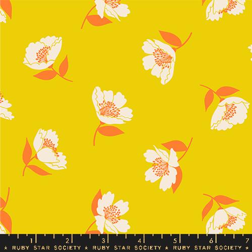 Cotton quilting fabric pattern called 'Fluttering in Golden Hour'. Part of the 'Juicy' fabric collection. Designed by Melody Miller for fabric company Ruby Star Society. SKU: RS0089 12. 44-45 inch width.