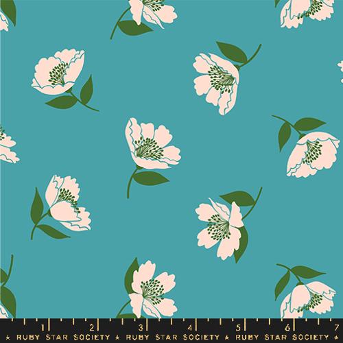 Cotton quilting fabric pattern called 'Fluttering in Dark Turquoise'. Part of the 'Juicy' fabric collection. Designed by Melody Miller for fabric company Ruby Star Society. SKU: RS0089 14. 44-45 inch width.