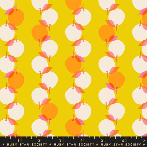 Cotton quilting fabric pattern called 'Stacked Up in Golden Hour'. Part of the 'Juicy' fabric collection. Designed by Melody Miller for fabric company Ruby Star Society. SKU: RS0090 14. 44-45 inch width.